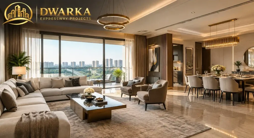 4 BHK living room interior Dwarka Expressway apartment