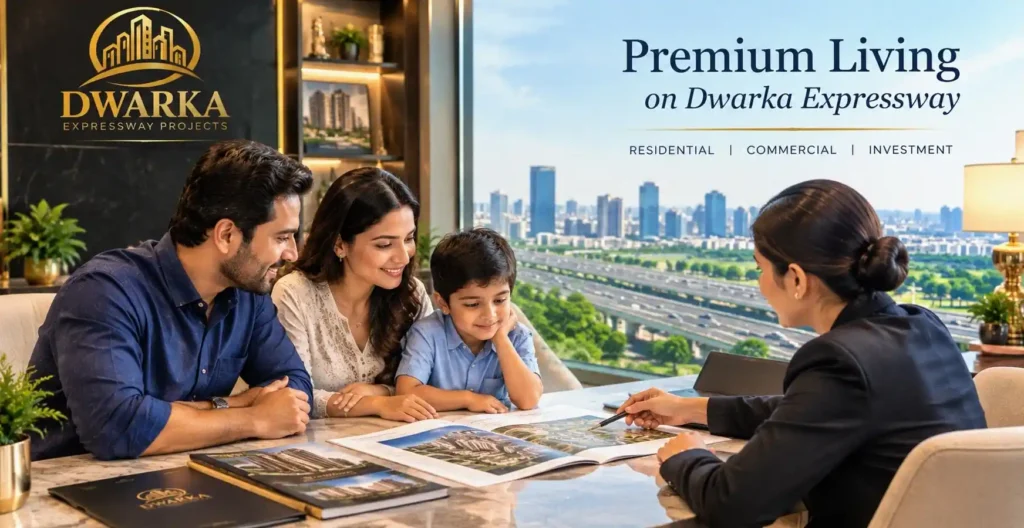 Family reviewing 4 BHK floor plan Dwarka Expressway